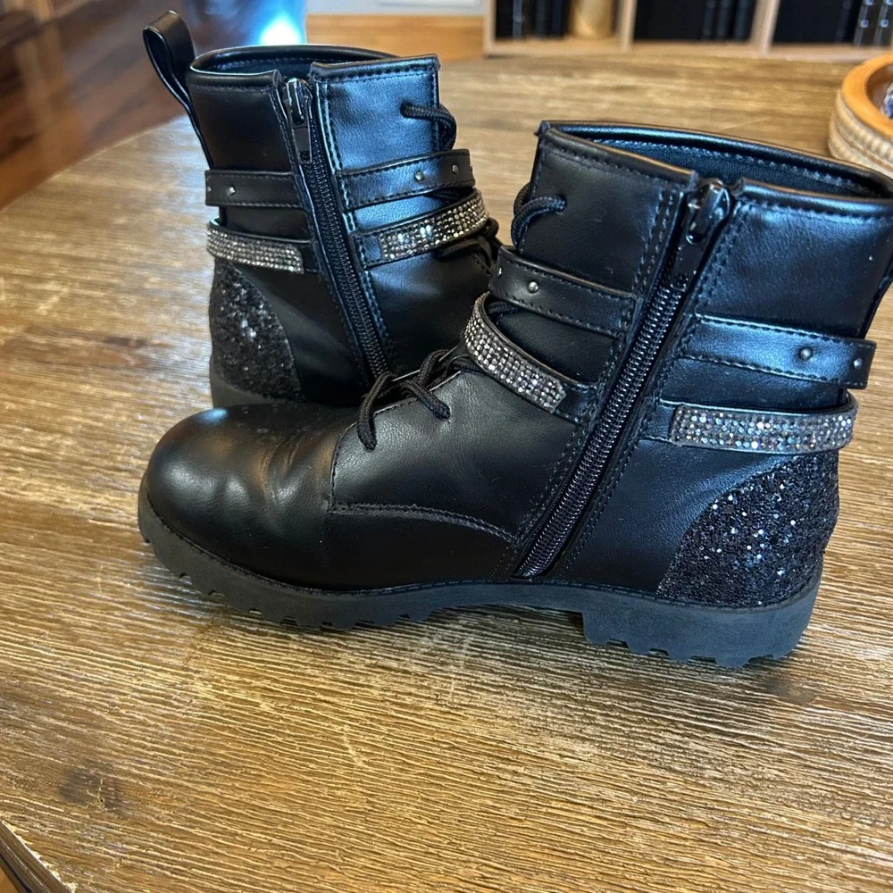 Mix No. 6 Combat Boots Kids 3 Black Excellent Rhinestone Glitter Lug‎ Sole Zip